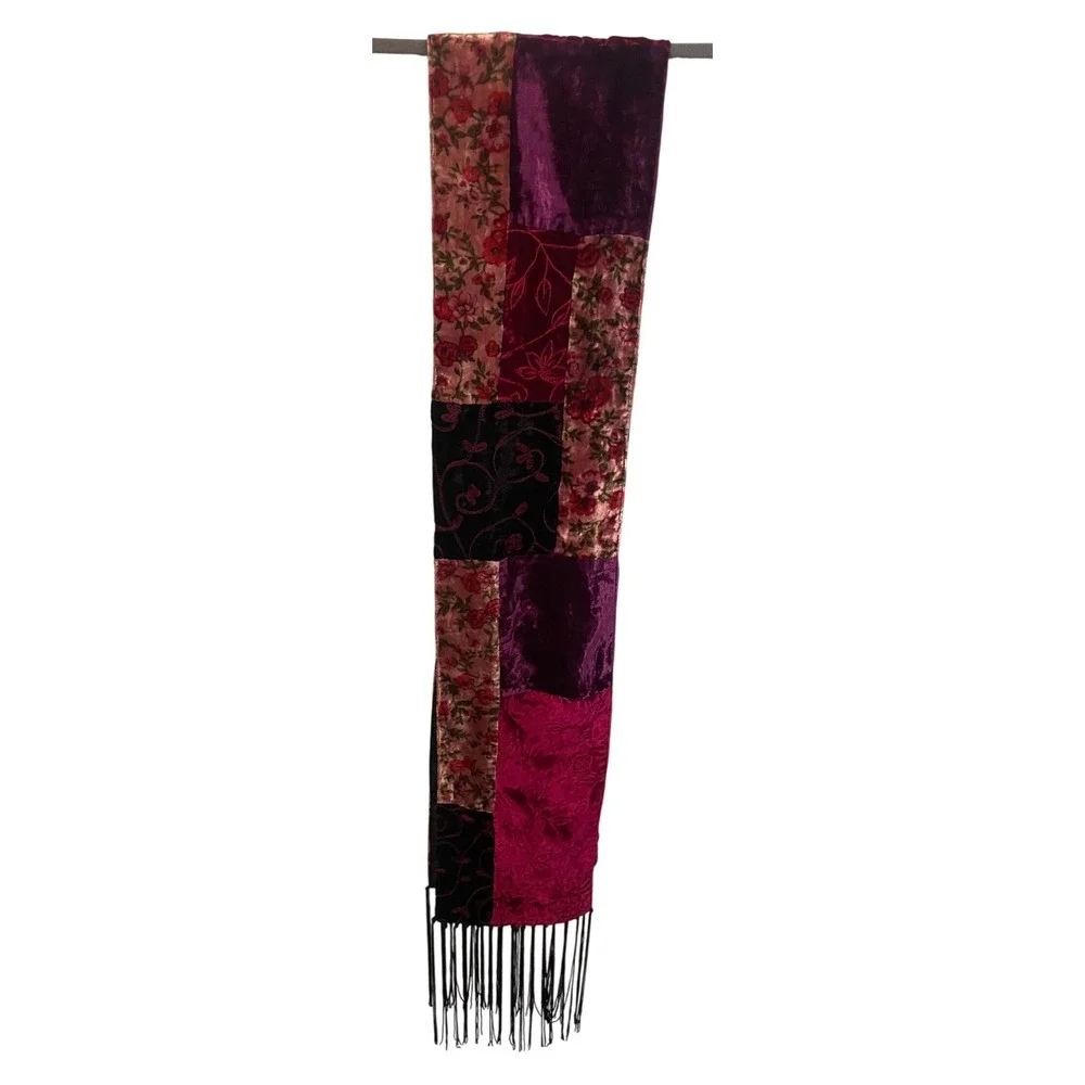 Vintage Whimsigoth Patchwork Velvet & Embroidered Scarf with Fringe Trim